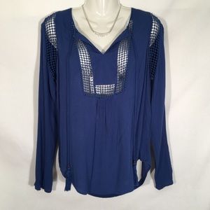 Joseph A Blue Blouse Boho Style Tassels Top Size S